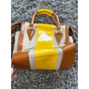 MINT Le Victorie Verona Linen Canvas Leather Handbag Purse Brown Yellow Stripe